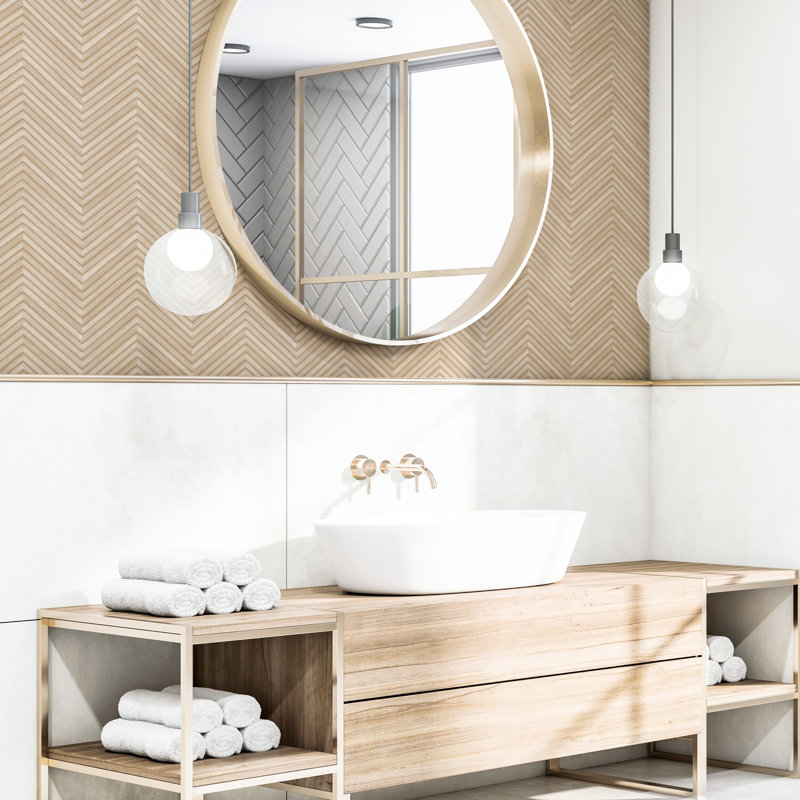 Woods and Wicker Collection Herringbone Wood Effect Wallpaper Roll, Beige