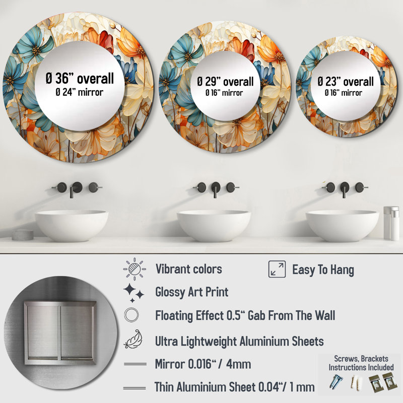 Teal Orange Petal Mosaics II - Abstract Botanicals Round Mirror Wall Decor_MTMIR63996, 29" x 29"