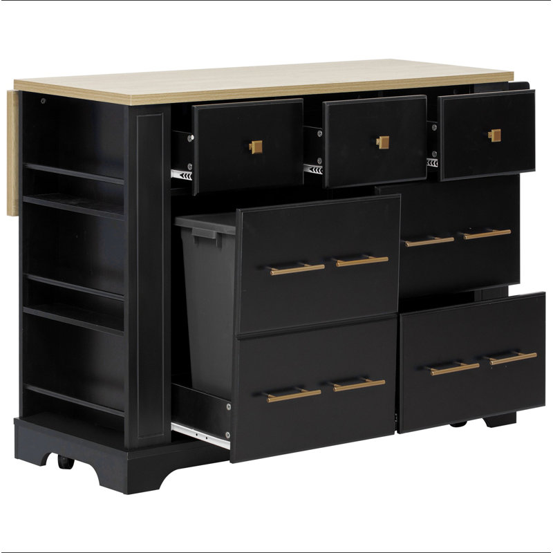 Kitchen Island with 6 Drawers, Pull Out Trash Can Storage, Rolling Kitchen Island on 5 Wheels with Drop Leaf, Power Outlet, 5 Open Side Racks for Kitchen, Dining Room