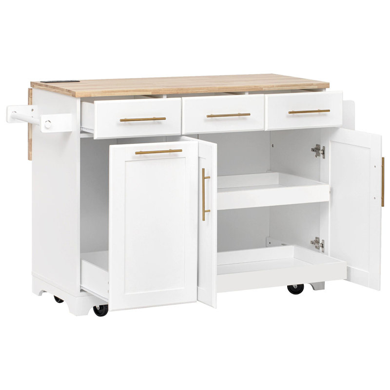 Îlot de cuisine 59,3 po avec rangement 2 armoires coulissantes et rallonge en bois d'hévéa, îlot de cuisine roulant avec rangement pour poubelle, prise de courant, support à épices et à serviettes pour la cuisine, la salle à manger