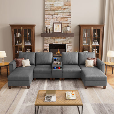 Canapé modulaire en forme de U de 132 po de largeur à 132 places avec console et rangement, gris