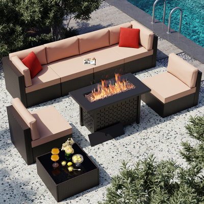 Ensemble de patio extérieur en rotin 8 pièces avec foyer