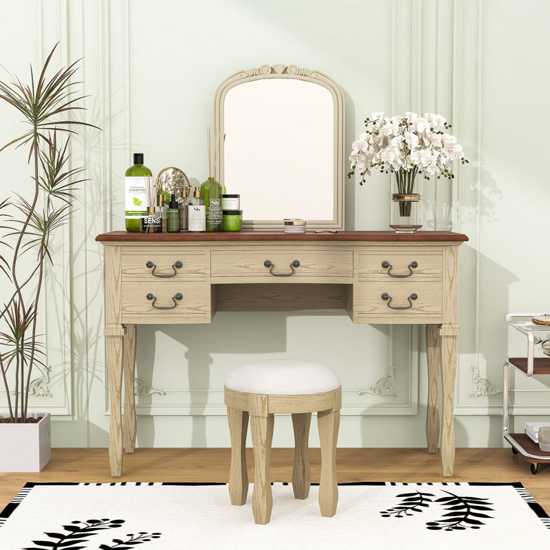Vintage Makeup Vanity with Curved Floral Mirror, Drawers, Leather Stool and Antique Handles