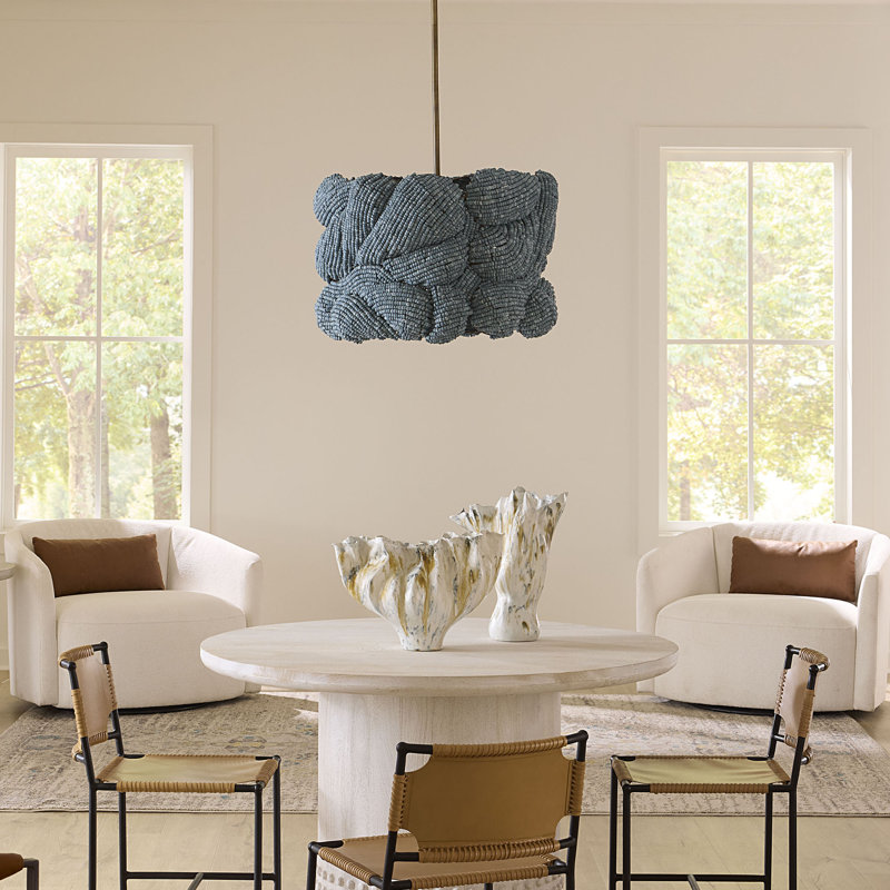 Anguilla 3-Light Wood Beaded Chandelier, Natural, Blue