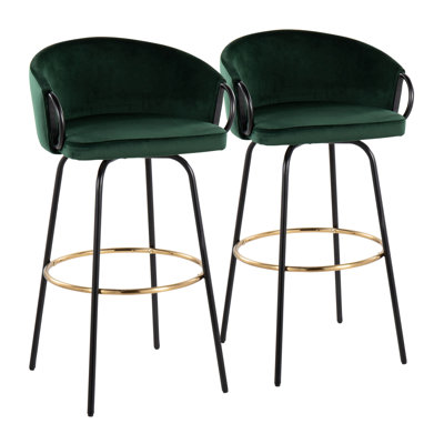 Ensemble de 2 tabourets de bar pivotants contemporains, revêtement en velours vert émeraude avec structure en métal noir et repose-pieds doré, hauteur de comptoir de 38,25 pouces
