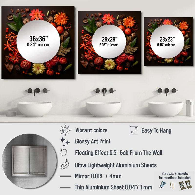 Lonel - Grand miroir mural carré à fleurs pour chambre à coucher, 23 po x 23 po