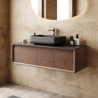 48'' Single Bathroom Brown Vanity with Black Stone Top, Multi-layer Solid Wood Floating Bathroom Vanity with One Drawer and One Cabinet