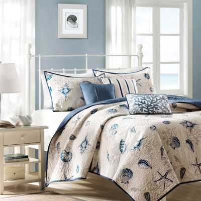 Brushed Quilt , King, Blue With And Coral Motifs King Seashells Decorative Pillows