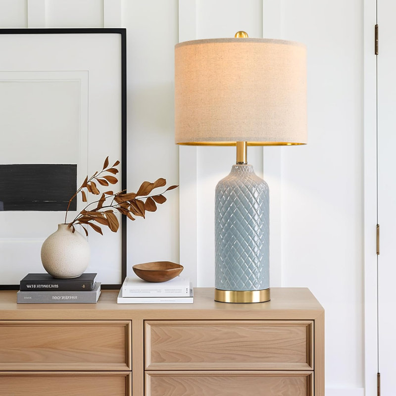 Modern Ceramic Table Lamps Set Of 2 With Linen Shades, Boho Farmhouse Bedside Lamps For Living Room, Bedroom, And End Tables