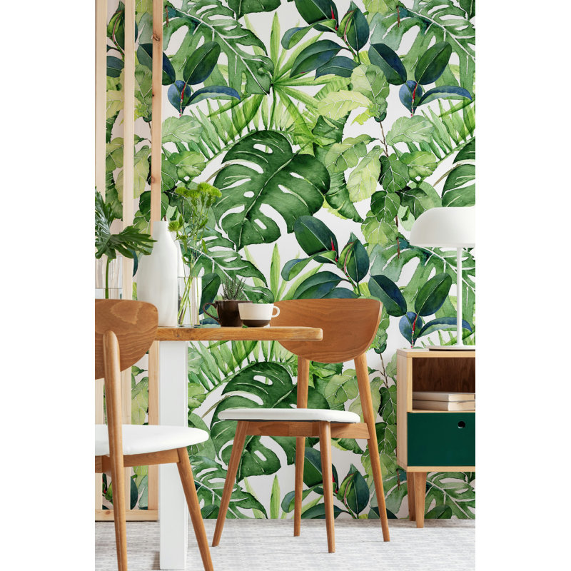 Tropical Green Leaf Botanical Wallpaper on White, 75"L x 112"W