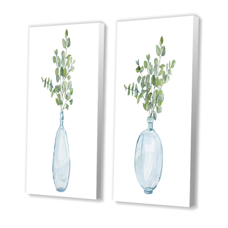 Plantes d'intérieur dans un vase en verre, branches d'eucalyptus - ensemble d'art traditionnel de 2 pièces