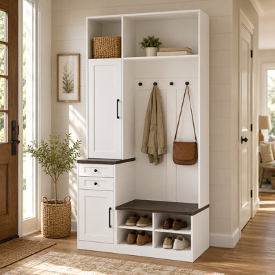 Ahn 86.6" Hall Tree With 5 Hooks, Storage Drawers & Shoe Bench