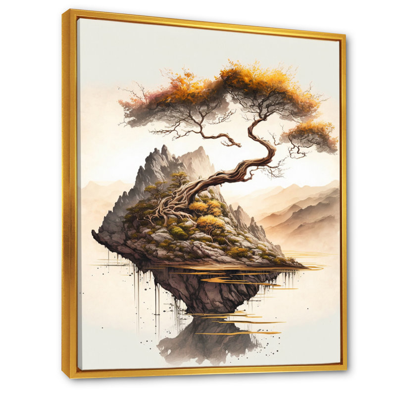 «Bright Bonsai Tree On Rock IV», art mural moderne sur toile, L 12 po x H 20 po, Cadre flottant doré