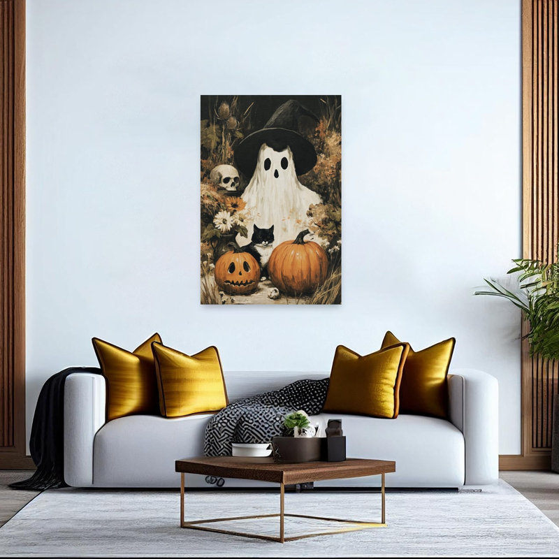 Spooky Ghost Cat Pumpkins Rustic Vintage Cat Autumn Flower Wall Art Print 1 Piece Wrapped Canvas Wall Art