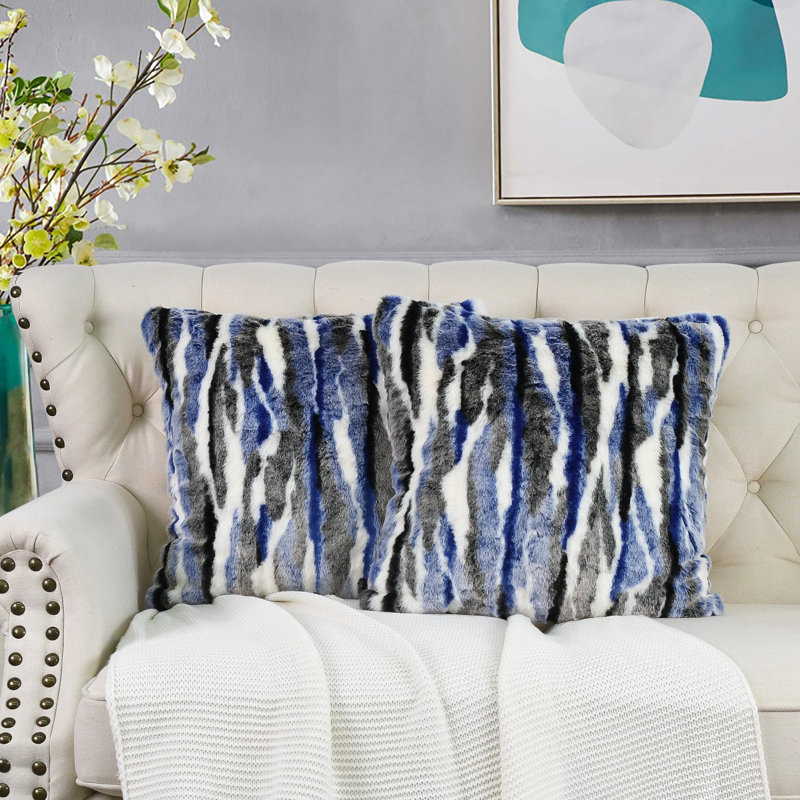 Multi Jacquard Faux Fur Euro Pillow Cover, Blue, 20" x 20"