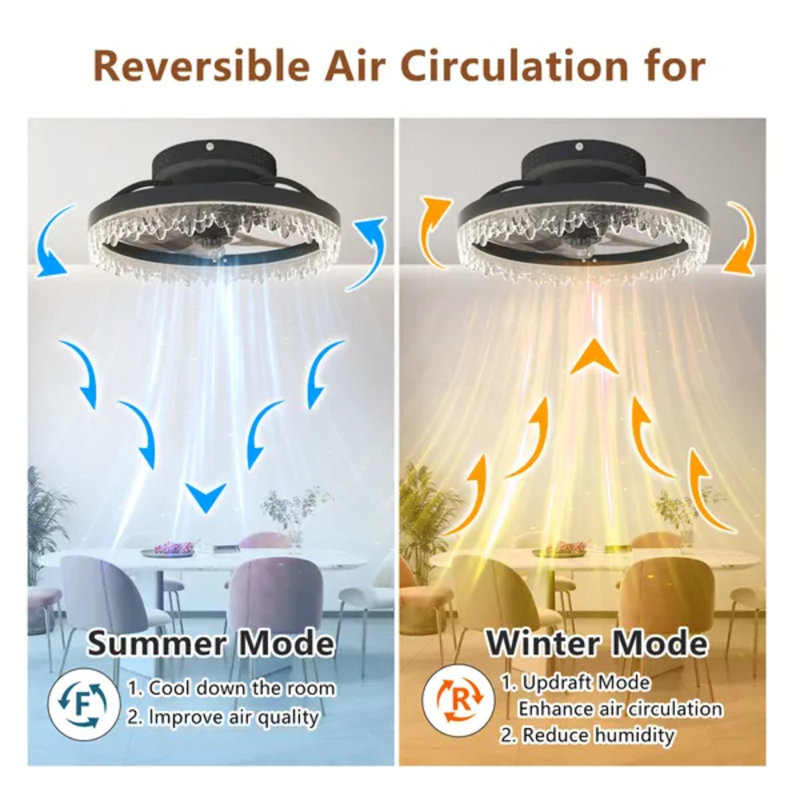 Smart Silent Elegant Black Ceiling Fan With Light, 16-inch Flush Mount Led Chandelier With 5 Invisible Blades, Remote & App Control, Timer Dimmable For Bedroom Living Room Dining Room