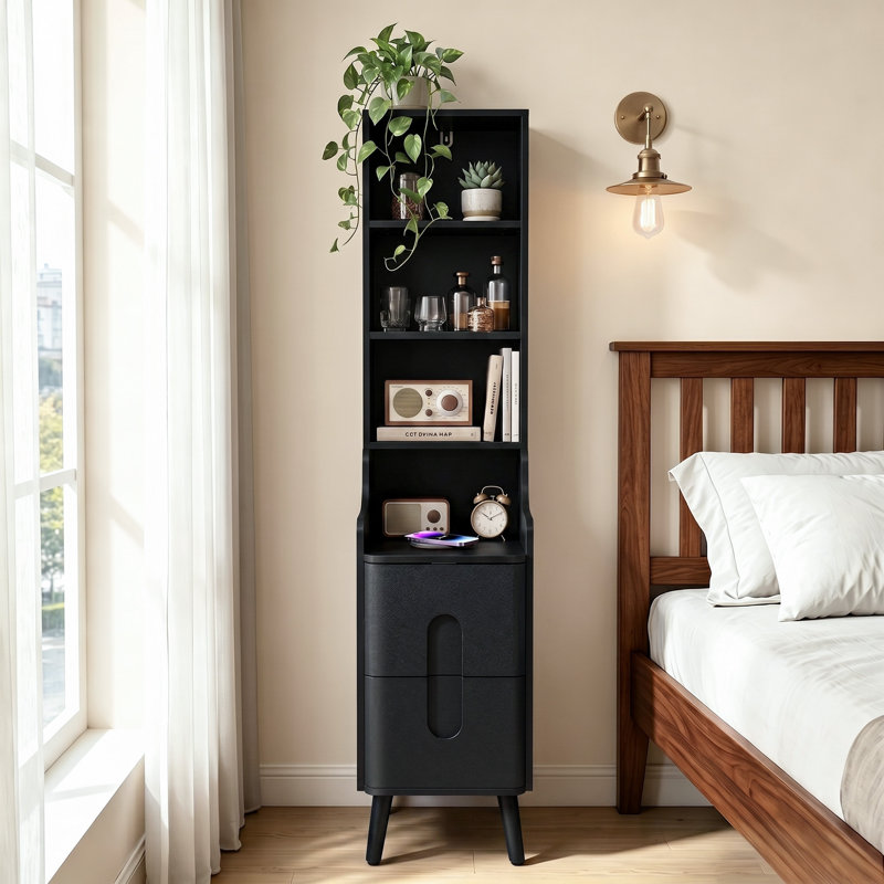 Table de chevet de 54 po de hauteur avec station de charge, 2 tiroirs, 3 tablettes de rangement ouvertes, Noir