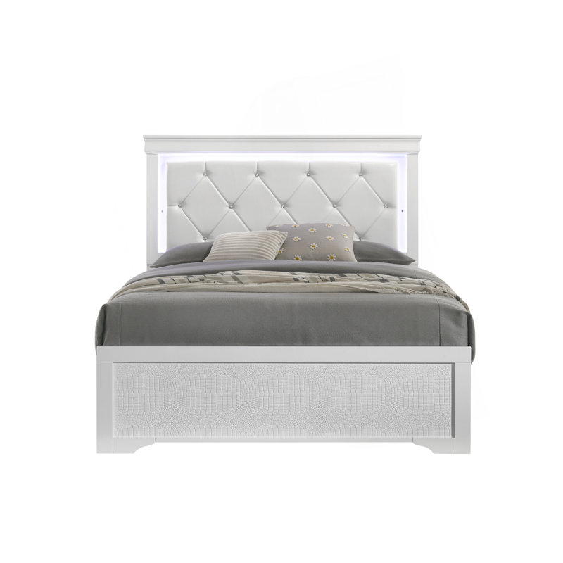 Lit rembourré de style moderne Blaze avec tête de lit à DEL et bois blanc, Lit simple, Blanc