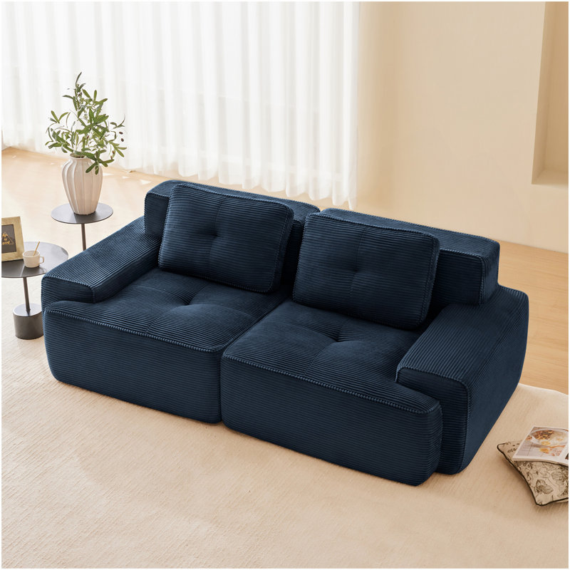 82" Modern L-Shaped Modular Sectional Sofa For Living Room, Corduroy Fabric, 2-Seater Couch With Deep Seat , Pearl-Like Piping, Tufted Design, No Assembly, Anti-Slip Design​, Blue
