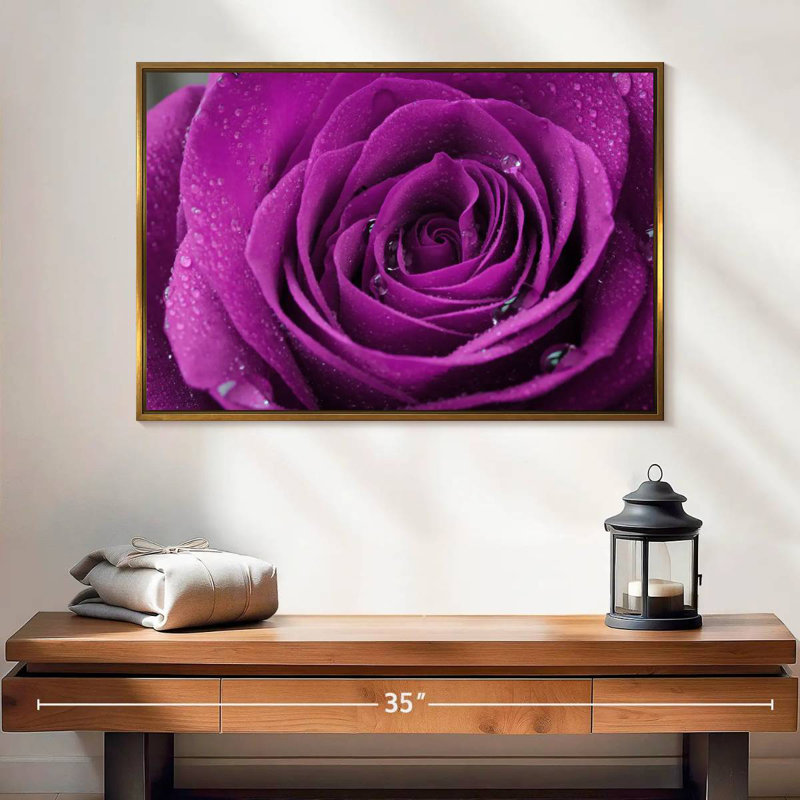 Gouttelettes sur une rose mauve, Cadre flottant doré, 25 po x 17 po