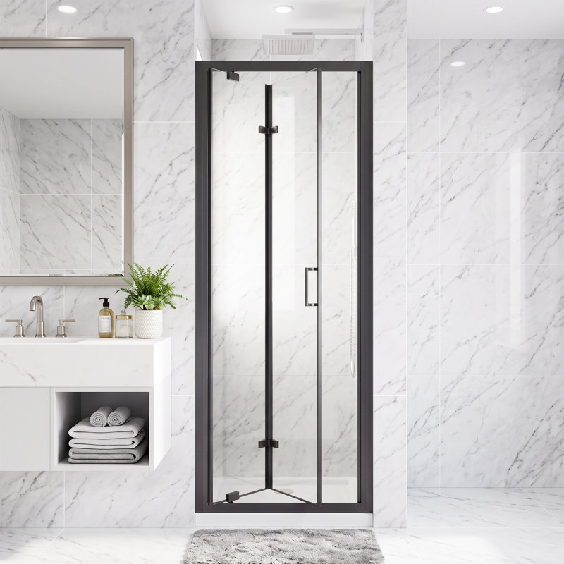 Porte de douche pliante en aluminium noir mat 28 po x H 72 po x verre trempé transparent 1/4 po, 28”