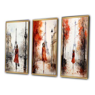 «Lady In Red Vintage Paris Watercolor», 3 pièces