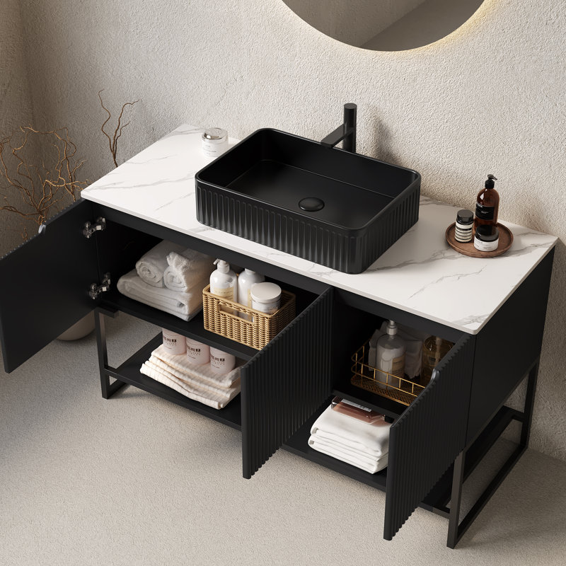 Tulio 48"Striped Bathroom Vanity With Vessel Sink, Freestanding Bathroom Storage Cabinet With Three Doors And One Open Shelf, Black Rectangular Ceramic Basin And Carrara White Sintered Stone Counter Top, Black