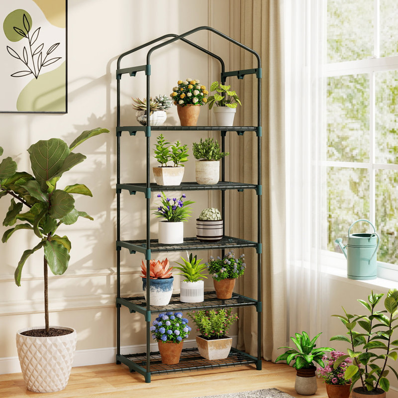 Mini Greenhouse with 5 Tier Shelves, PE Cover, Roll-Up Zipper Door, Green