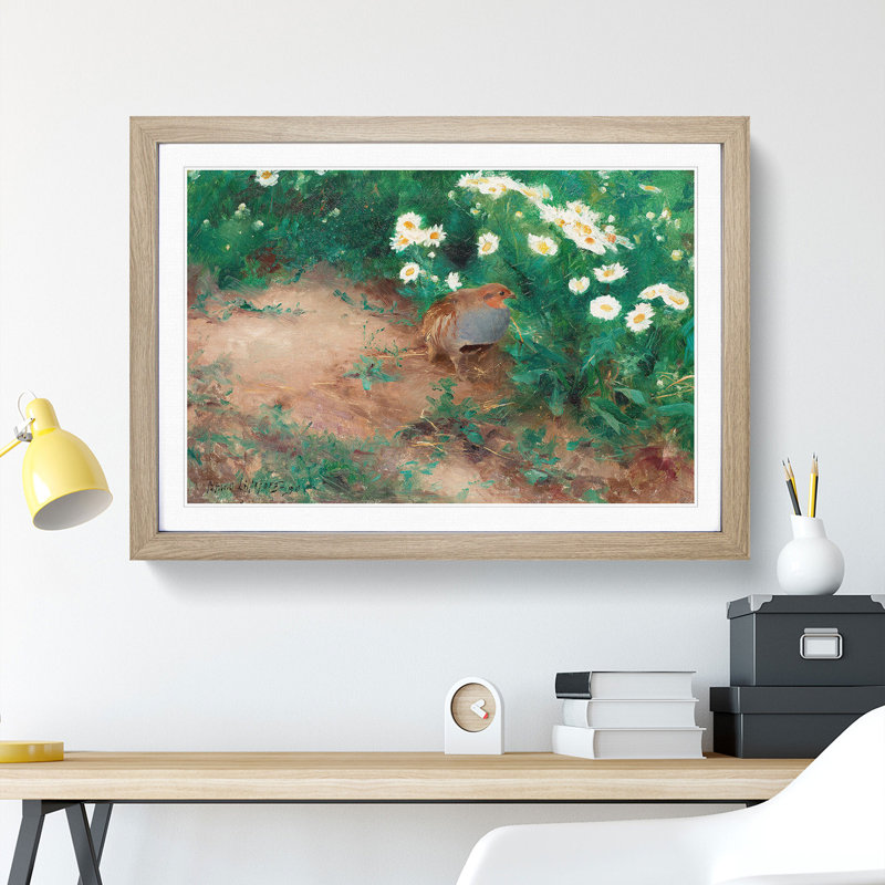 Partridge with Daisies by Bruno Liljefors - Framed Print, 27cm H x 36cm W x 2cm D, Oak Framed