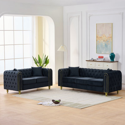 2-Piece Chesterfield Velvet Sofa Set with Gold Metal Legs & Pillows – Classic Tufted Design for Living Room (Set of 2)