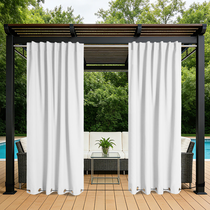 100% Olefin Waterproof Grommet & Back Tab Blackout Outdoor Curtains For Patio, White, 52" W x 96" L