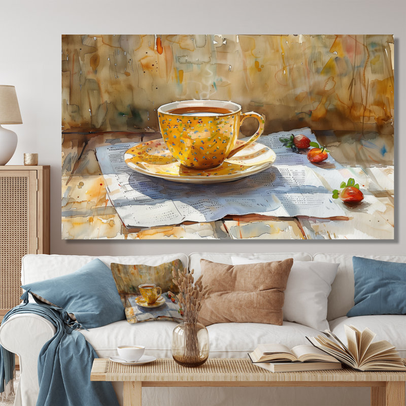 «White Beige Cozy Cup Of Coffee II», impression d'art mural café, Toile tendue, H 40 po x l 60 po