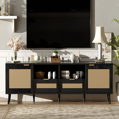 Meuble télé en rotin pour téléviseur de 85 po ou moins, console multimédia de style campagne moderne, centre de divertissement avec pieds en bois massif, meuble télé pour le salon, cinéma maison