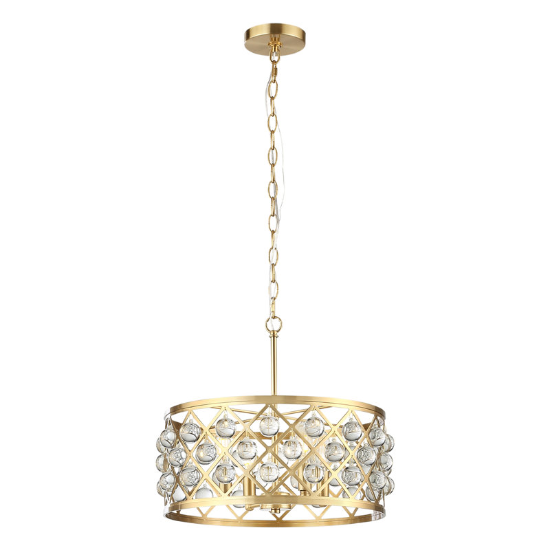  Lustre tambour 4 lumières avec gouttes en cristal, Doré