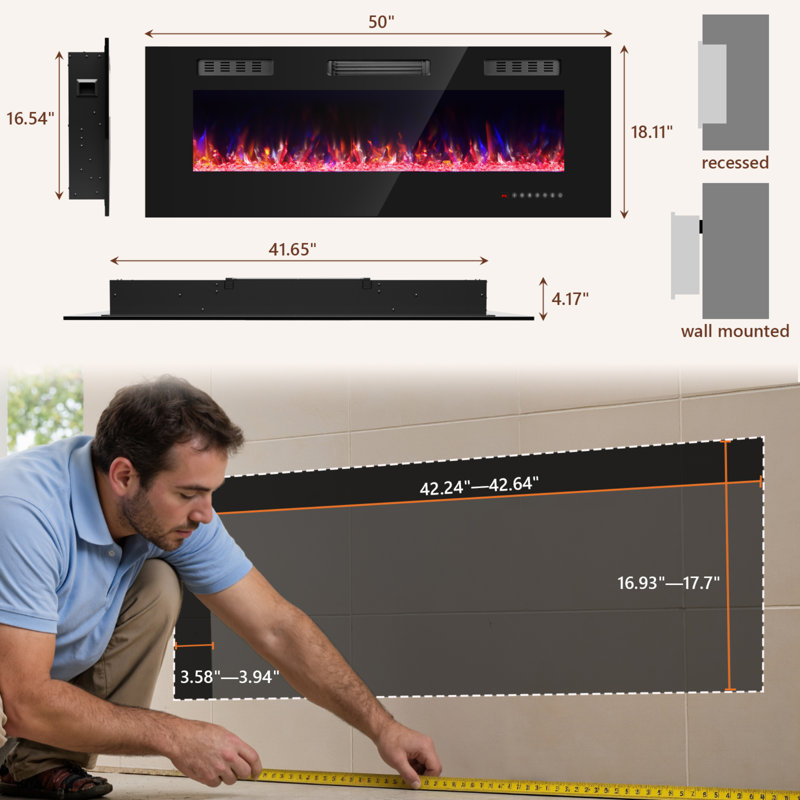 50" Electric Fireplace Insert, Electric Fireplace Wall Mounted with Remote & Timer, Adjustable Flame Color, 750/1500W