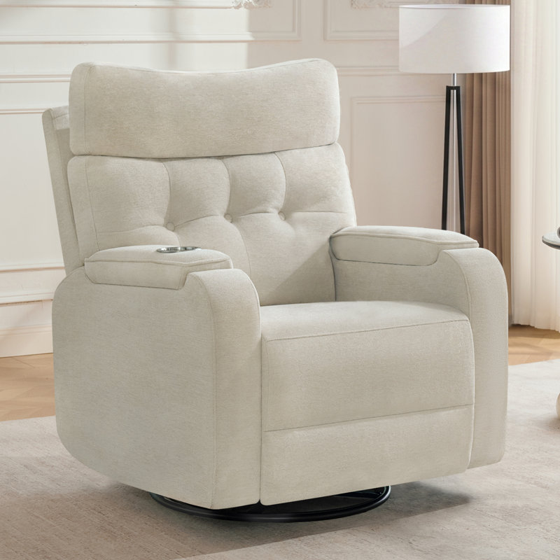 Fauteuil inclinable pivotant et à bascule électrique moderne de 35 pouces de large avec massage et chauffage, rangement pour les accoudoirs et réglage de l'appui-tête