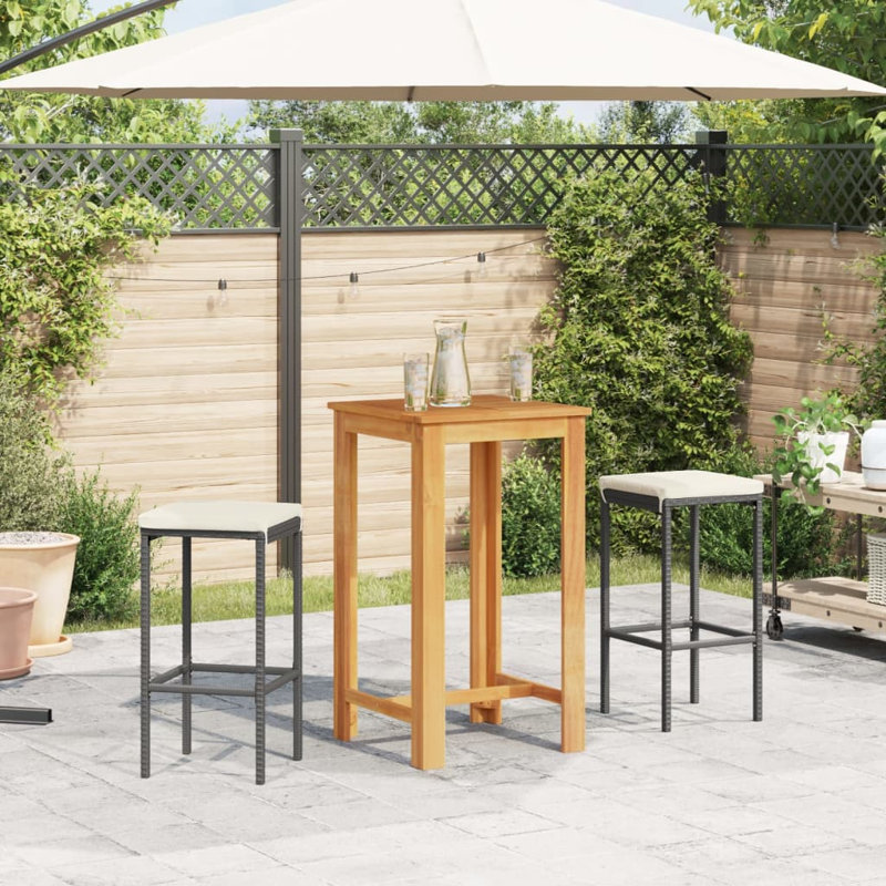 Ensemble de bar de patio 3 pièces Wildon Home® en bois massif d'acacia et de rotin de polyester, Blanc, Noir