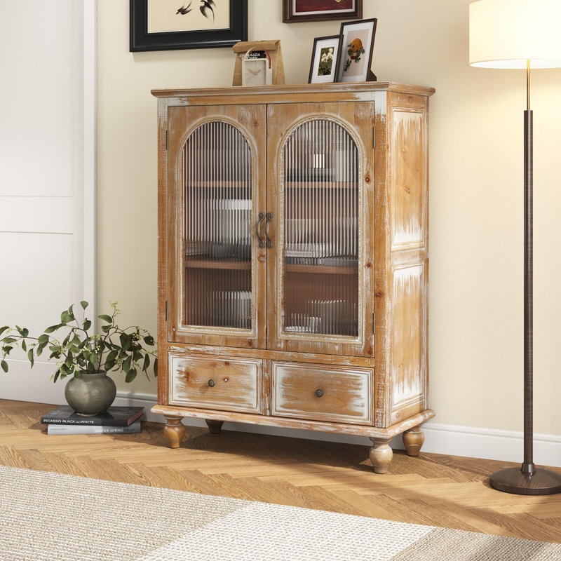 Modern Tall Sideboard and Buffets with Glass Doors Cabinets and Drawers,For Kitching/Dining Room/Living Room, Natural