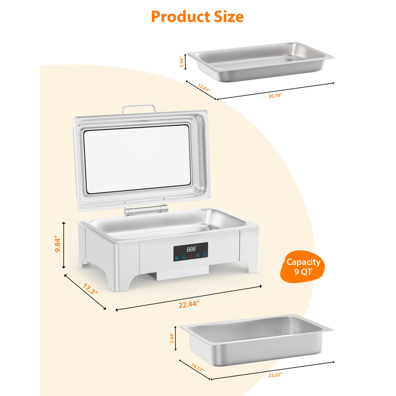 Chauffe-plats électriques 9 QT pour buffet – Grand format, acier inoxydable, écran interactif, couvercle à enroulement, couvercle en verre – Équipement de restauration professionnel pour fêtes et mariages – Argenté