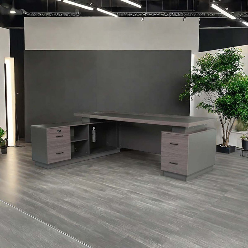 Deluxe gray two-cabinet modern desk, 29.5" H x 86.62" W x 31.5" D