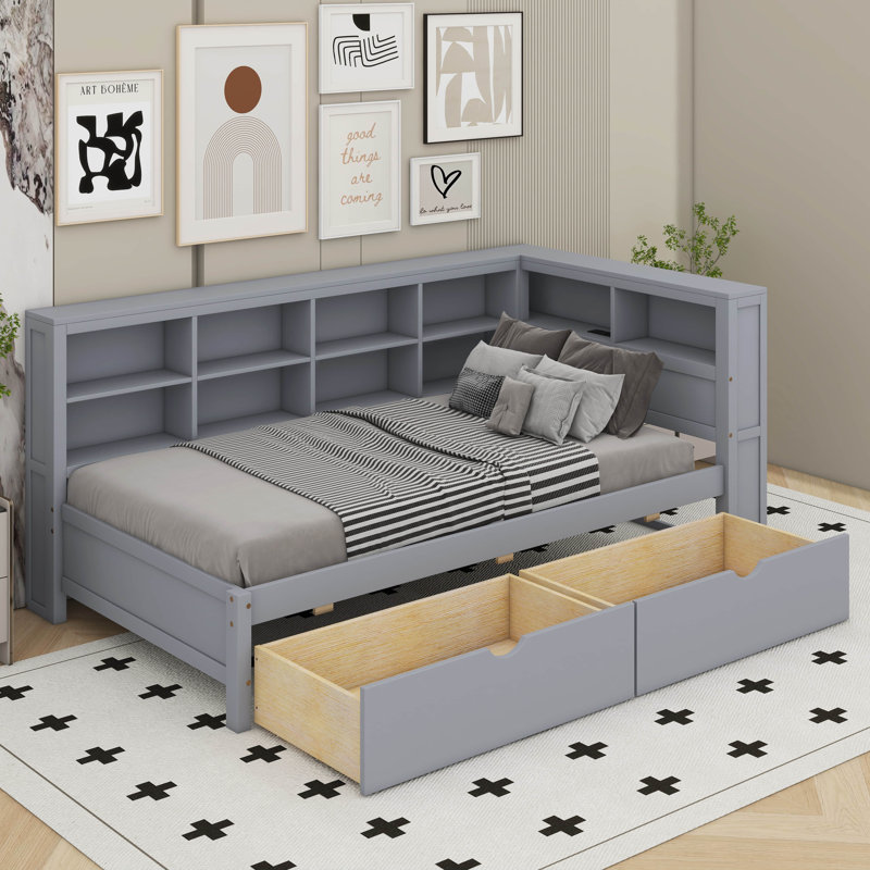 Lit de jour simple avec tiroirs, tablette et port USB