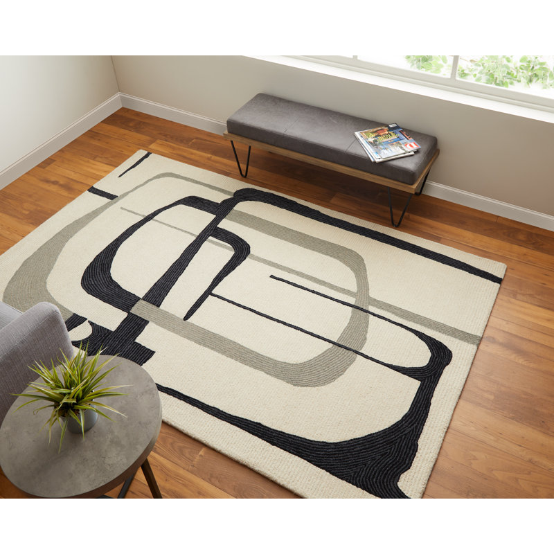 Handmade Black and Ivory Wool Abstract Rug, 8' x 10'