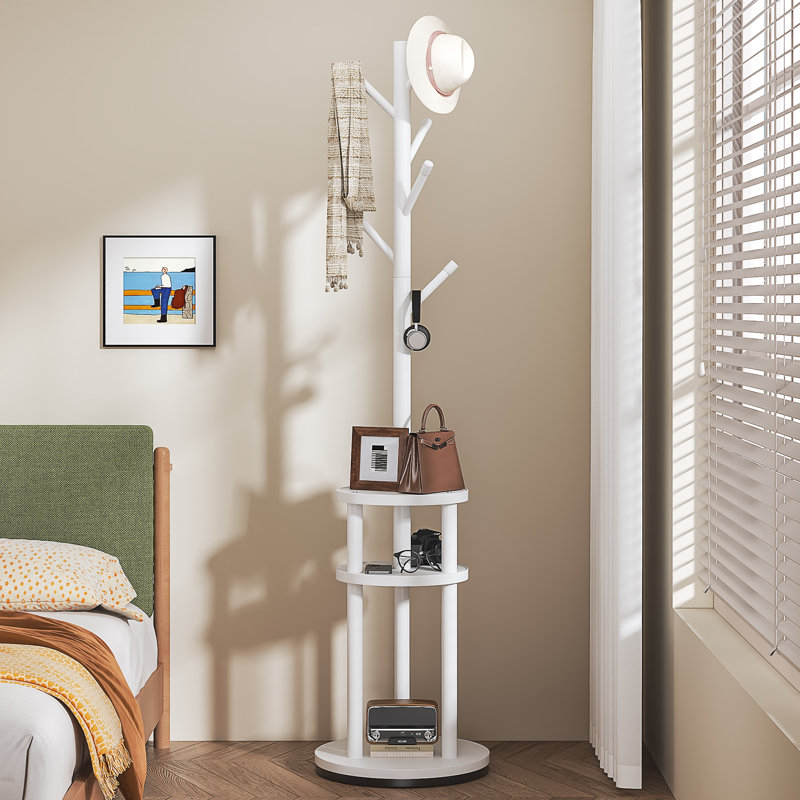 Freestanding Coat Rack, Wood Rotary Coat Hall Tree Stand With 3 Tiers Storage Display Shelf And 6 Hanging Handles For Entryway Bedroom Corner Office Garment Clothes Holder
