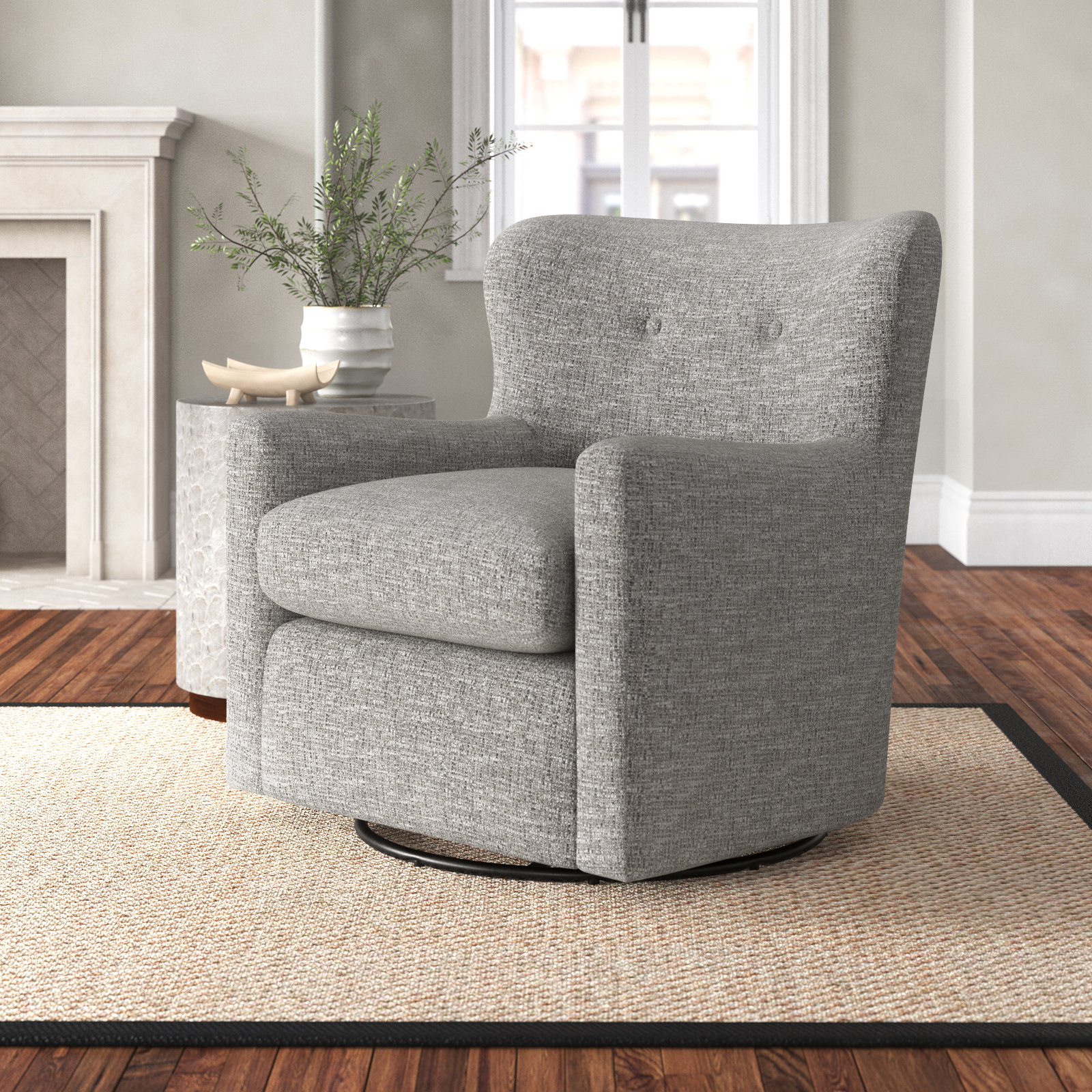 Bendigo Upholstered Swivel Barrel Chair, Granite Performance Weave
