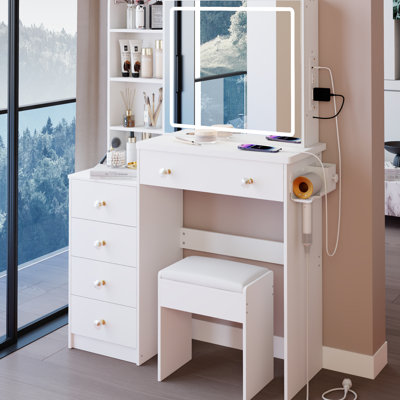 Meuble-lavabo 37 po et tabouret de chevet 37 po avec 2 prises AC + 2, support pour sèche-cheveux, grand miroir coulissant à commande tactile 24 po x 22 po avec interrupteur 3 couleurs, certificat UL, matériau de style américain