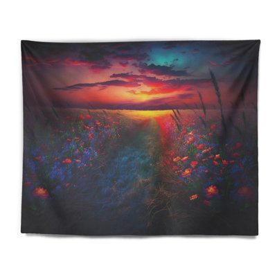 Flowerful Countryroad At Sunset III Polyester Tapestry