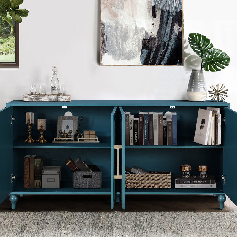 Wooden Storage Cabinet With Flower Doors For Living Spaces - Navy Blue & Metal Handle Color