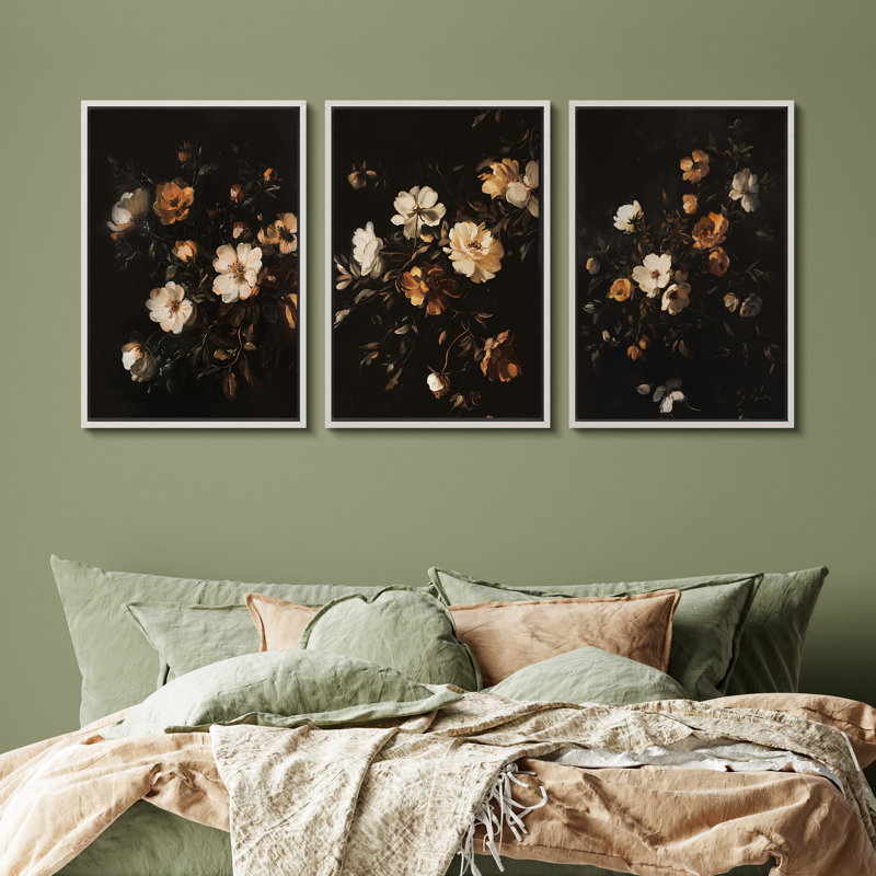 Ensemble d'art mural rétro en toile florale, impressions encadrées botaniques foncées pour chambre à coucher classique ou salon élégant