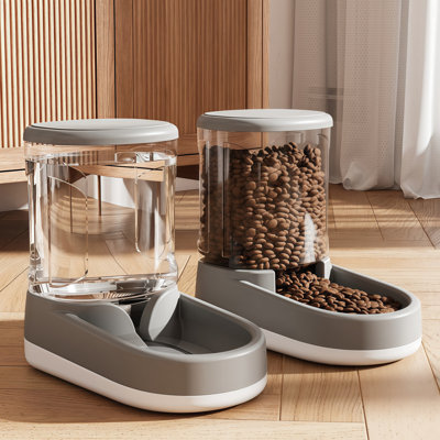 Gravity Automatic Pet Feeder And Water Dispenser Set, 1 Gallon Large Capacity Non-Electric Food & Water Station For Cats, Kittens & Small Medium Dogs, 2 Pack,6.7"X11"X10.6" In Grey