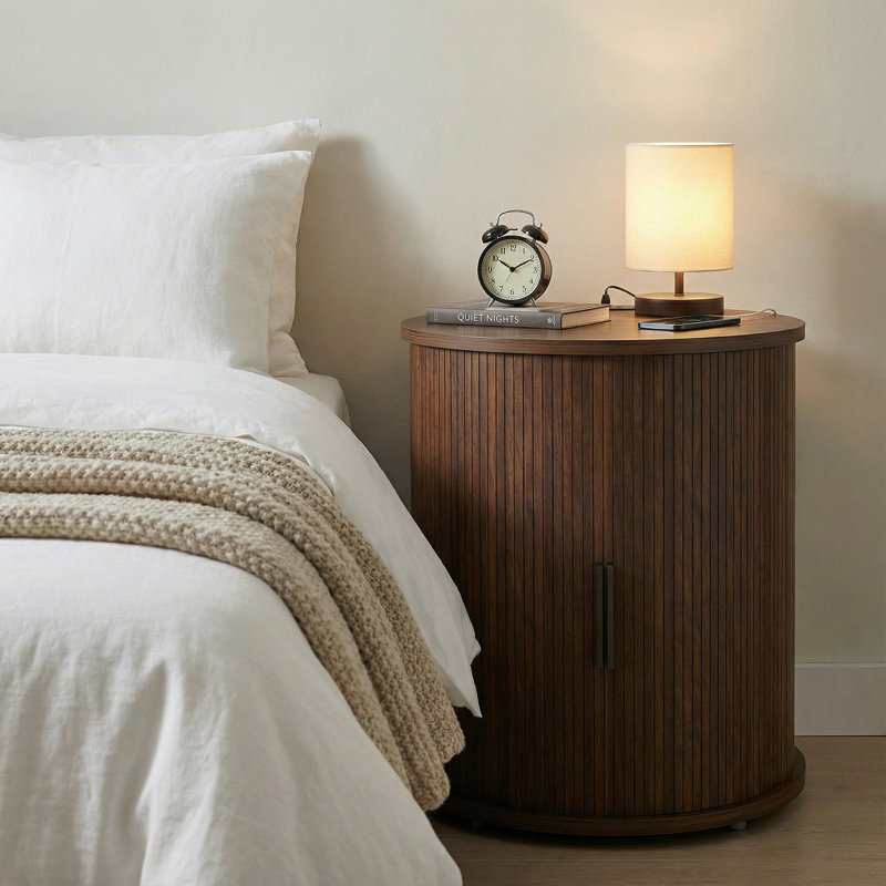 Ф 23.62''Mid-Century Modern Round Nightstand with Charging Station, Walnut Finish Cylinder Side Table with Sliding Door and Storage